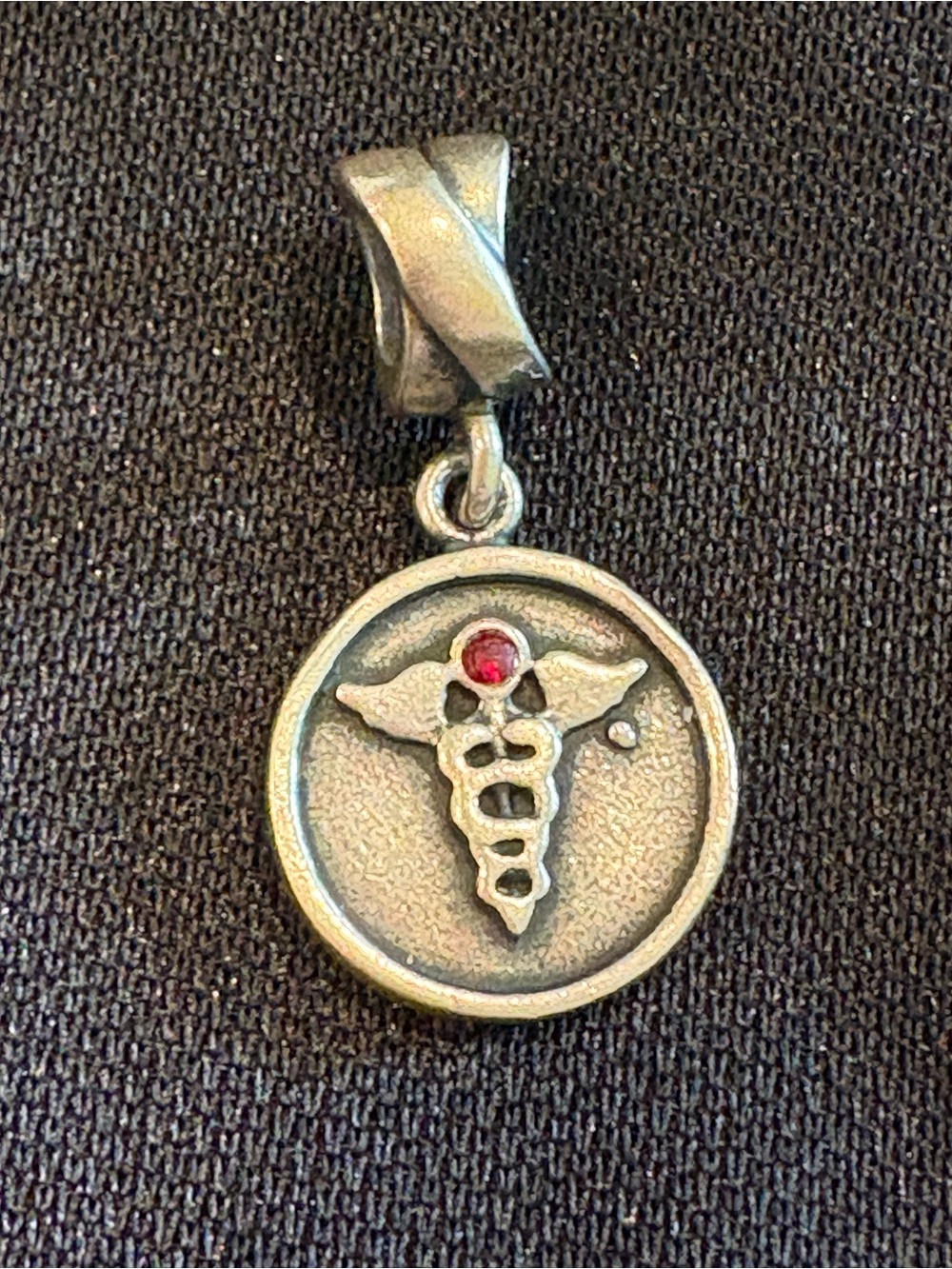 Pandora Sterling Silver Medical Caduceus Pendant with Ruby Accent